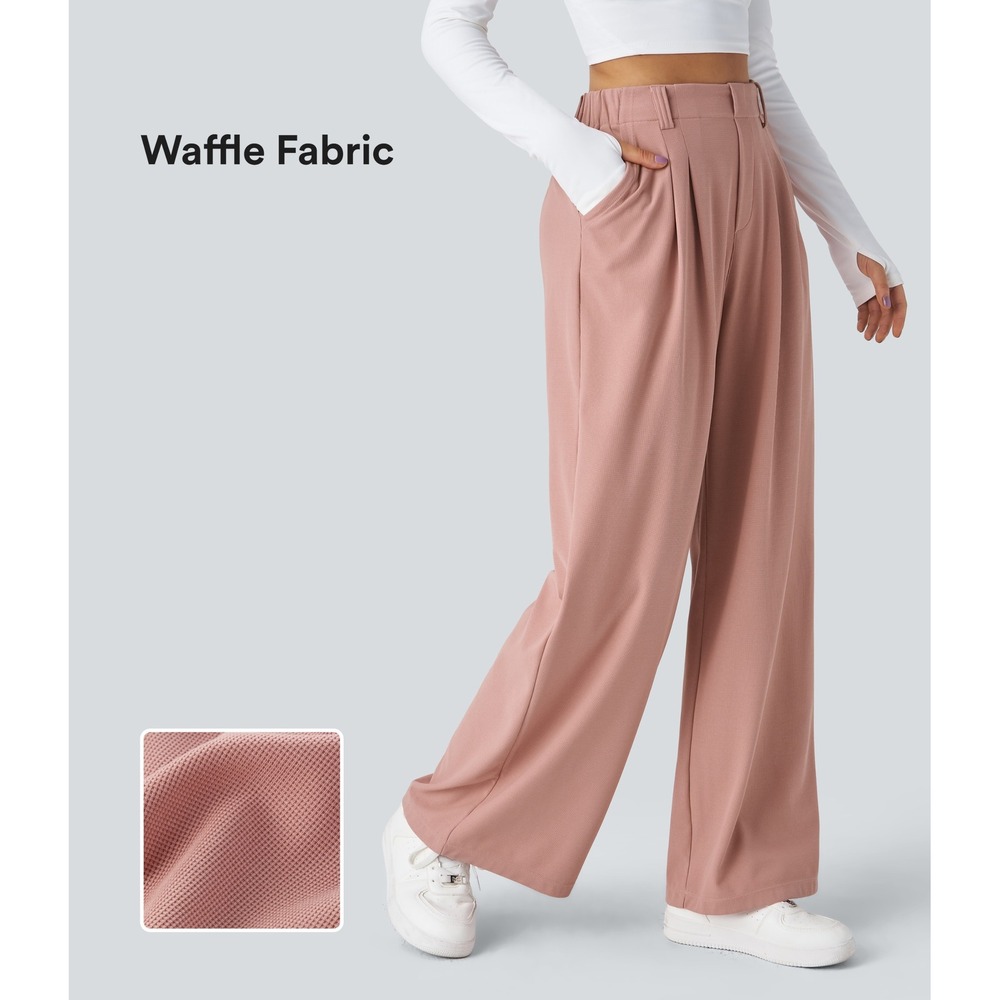 Halara Pink Blush Waffle Knit Wide Leg Pleated Pants Womens Size Medium